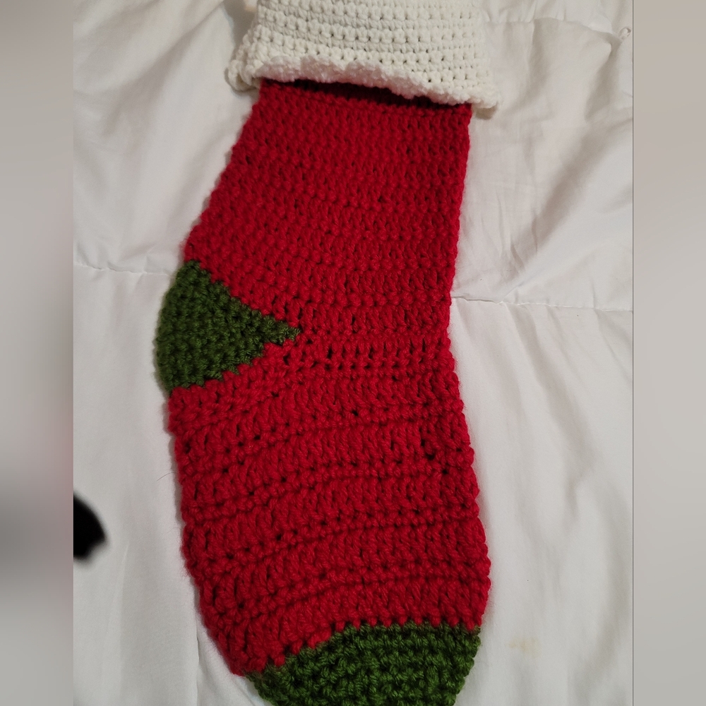 Handmade Crochet Stocking (Vintage) Red, Green Toe and Heel with White at Top